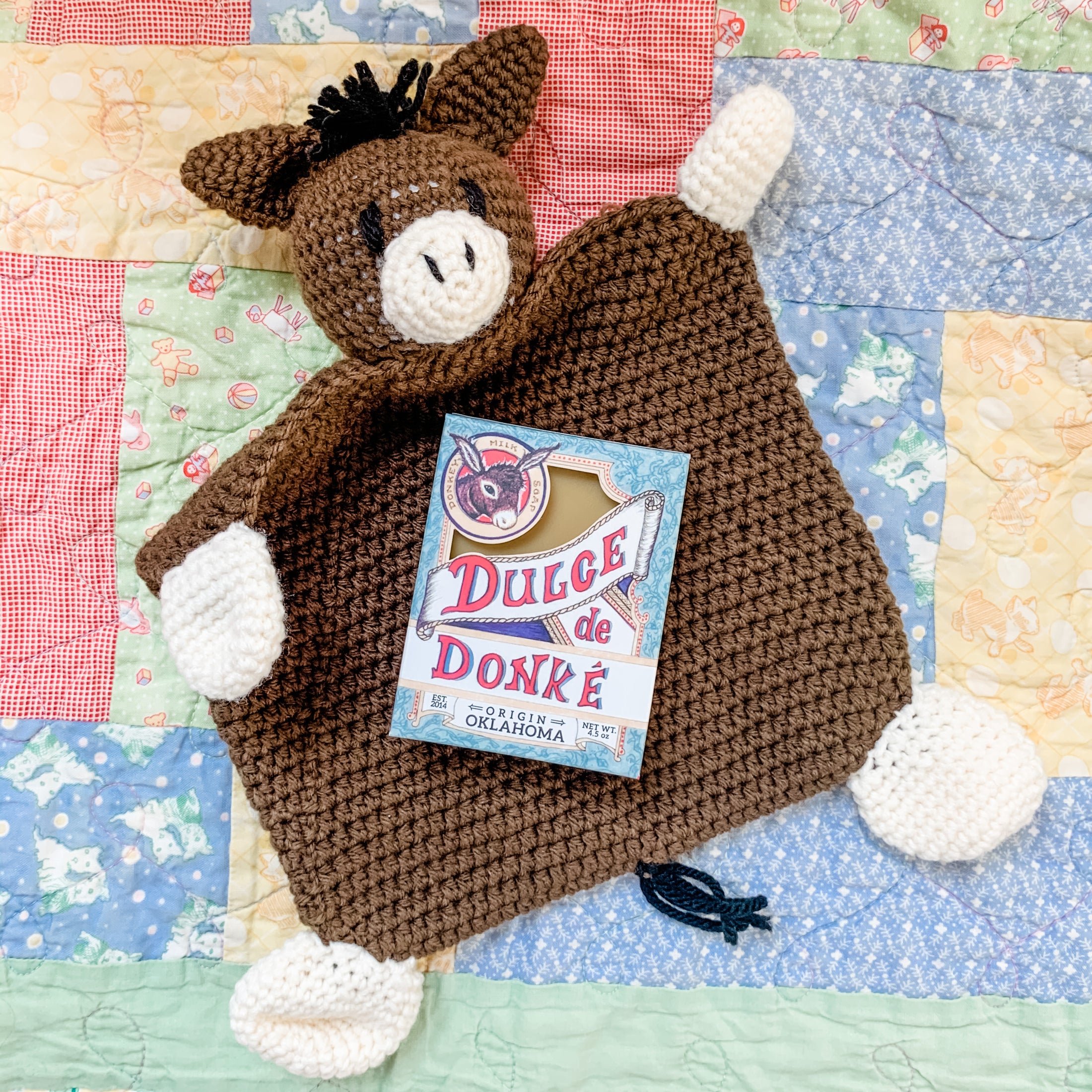 Gray and White Crocheted Donkey Blankie, hand made in Oklahoma (soap sold separately)