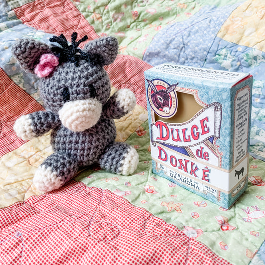 Crocheted Jenny donkey toy, hand made in Oklahoma (soap sold separately)