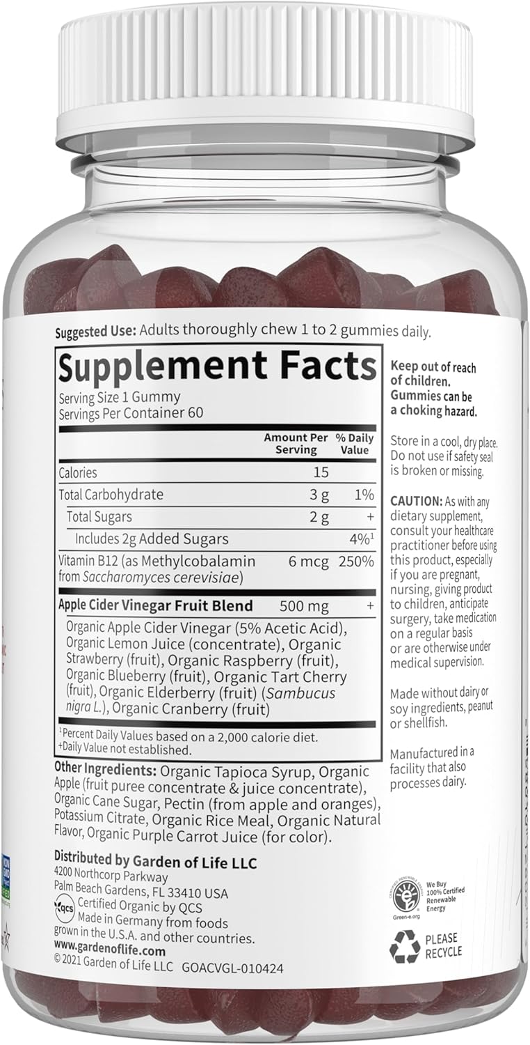 Garden of Life Organics Apple Cider Vinegar Gummies with Vitamin B12 – Organic ACV Gummy Vitamins, Vegan, Gluten-Free, Non-GMO, 60 Gummies