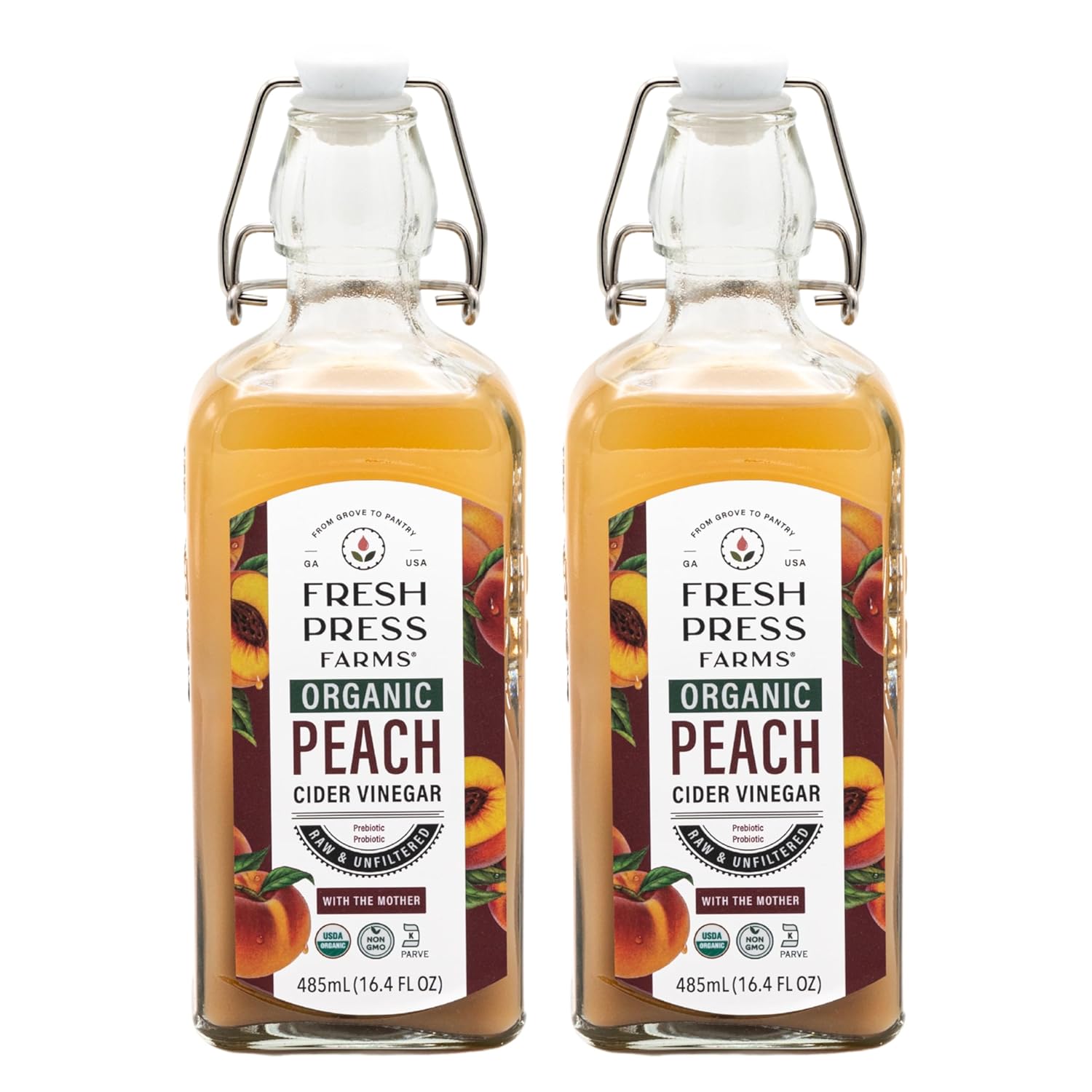 Fresh Press Farms Organic Peach Cider Vinegar with the Mother, 16.4 Fl Oz (Pack of 2), Georgia Grown, Raw, Unfiltered, Certified Whole30, Non-GMO