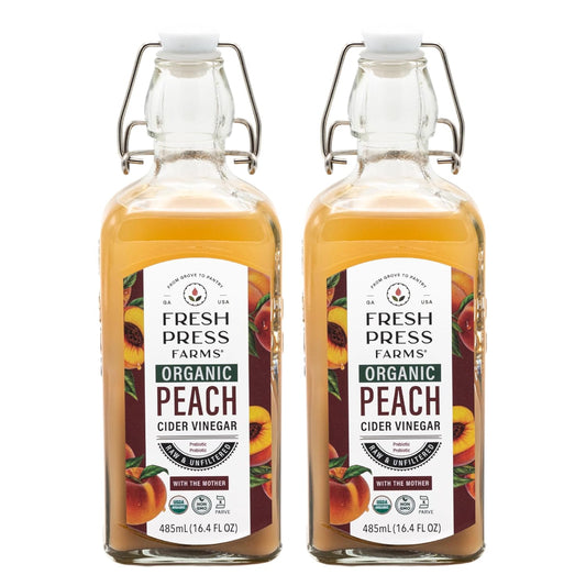 Fresh Press Farms Organic Peach Cider Vinegar with the Mother, 16.4 Fl Oz (Pack of 2), Georgia Grown, Raw, Unfiltered, Certified Whole30, Non-GMO