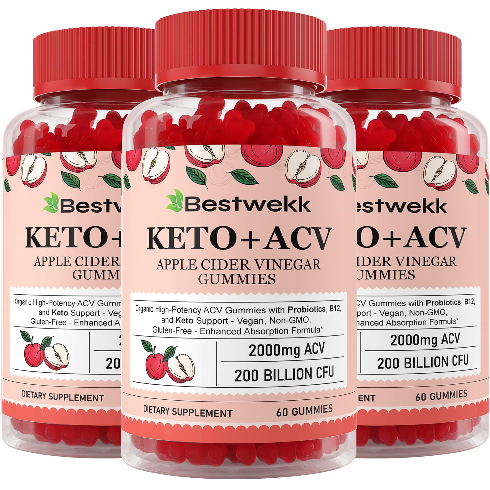 Apple Cider Vinegar Gummies, Max Strength 2000mg ACV Gummy with Probiotics, B12 and Keto Support, For Digestion, Metabolism, Detox, Gut & Immune Health, Gelatin-Free, Non-GMO, 120 keto acv gummies