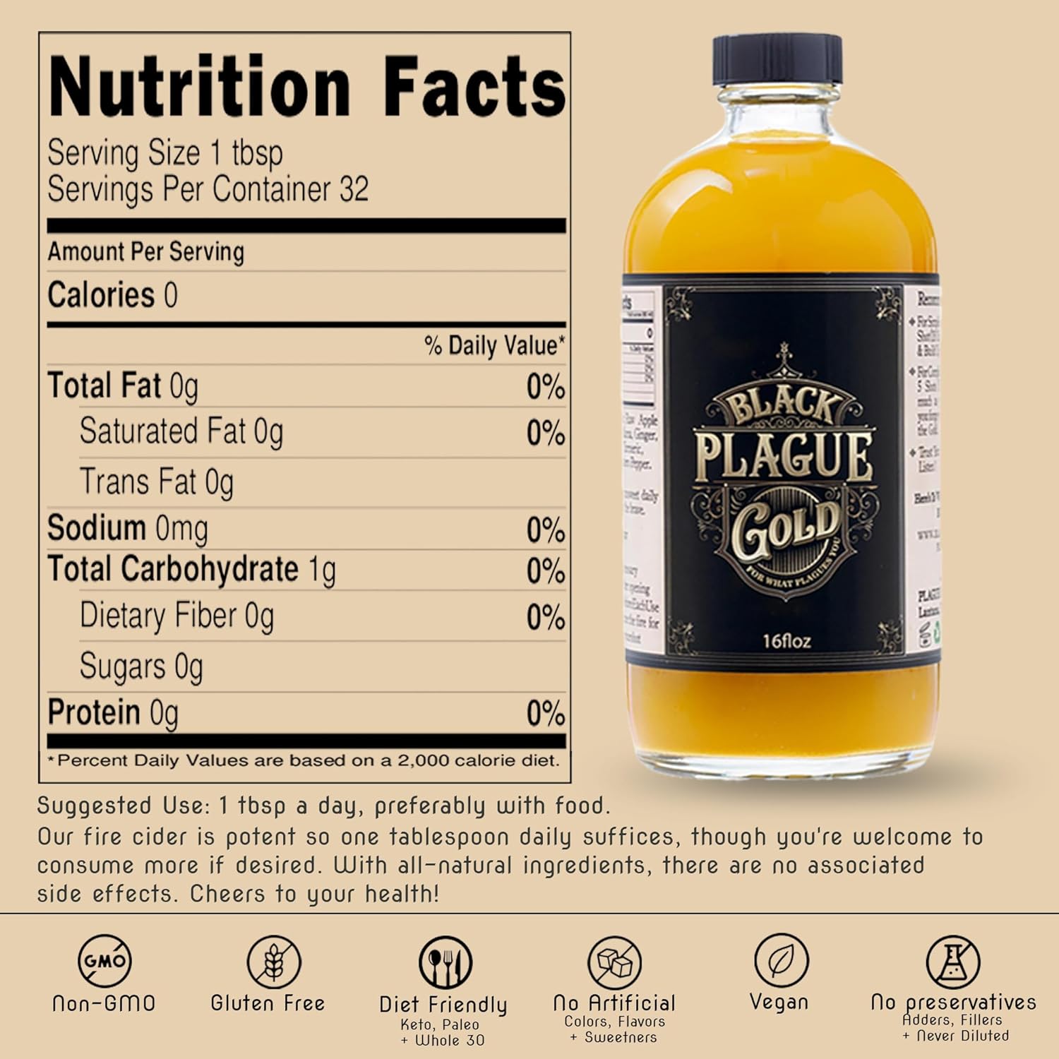 Black Plague Gold Fire Cider - 16oz All-Natural Elixir for Immunity, Gut Health & Wellness: Handcrafted, Small Batch, Herbal Apple Cider Vinegar, Whole, Raw & Sugar-Free - Unleash Your Optimal Health