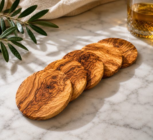 Round Circle Olive Wood Coasters; handmade in Texas from sustainably sourced Olive Wood