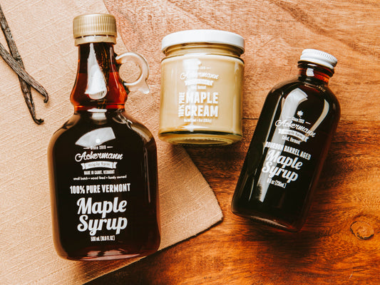 Maple Vanilla & Bourbon Bundle: includes vanilla infused maple syrup, bourbon barrel aged syrup, & maple cream.