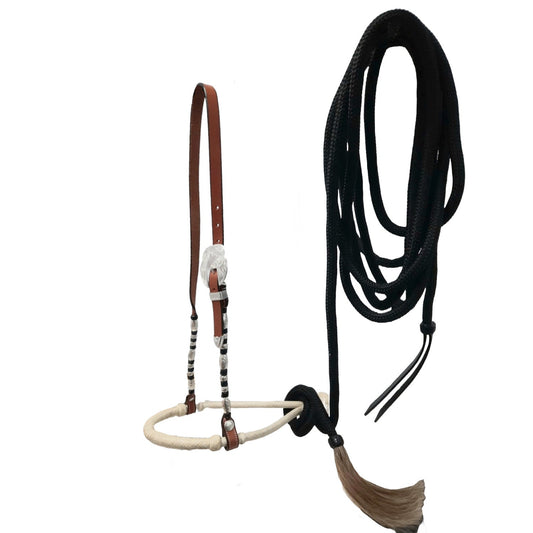 Tahoe 3/8" Bosal with Leather Hanger and Ferrules – Complete Equestrian Set with 23 Ft Quality Rope Mecate & Horsehair Tassel