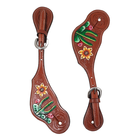 Tahoe Leather Hand Tooled Western Spur Straps Cactus Accents Unisex Pair