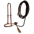 Load image into Gallery viewer, Tahoe 5/8" Rawhide Tan Bosal Mecate Set with Basket-Tooled Leather Hanger with 23 Ft Dark Brown Rope Mecate & Horsehair Tassel - 1 Year Warranty
