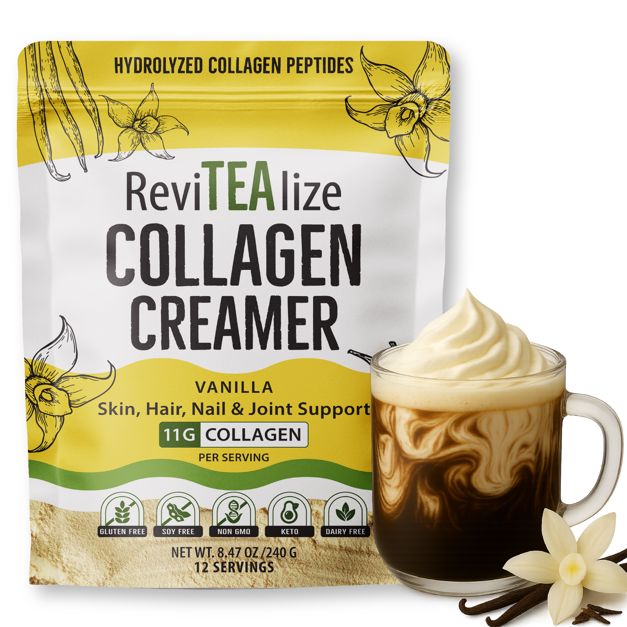 Collagen Creamer for Coffee - Grass Fed Collagen Peptides Powder with MCT Oil for Hair, Skin, Nails & Joint Support - Vanilla