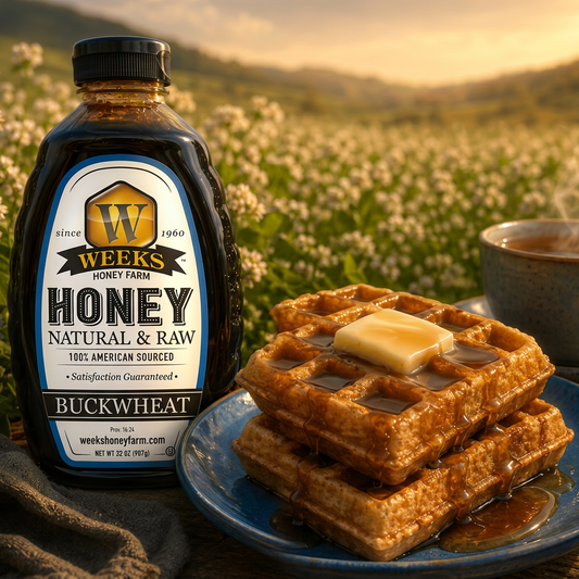 Raw Buckwheat Honey - Pure, All-Natural, Antioxidant-Rich, Dark & Robust Molasses Flavor for Coffee, Waffles, BBQ Sauce | Weeks Honey Farm