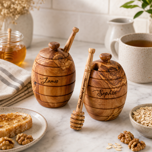 Honey Jar and Dipper, hand made in Texas from sustainably sourced Olive Wood
